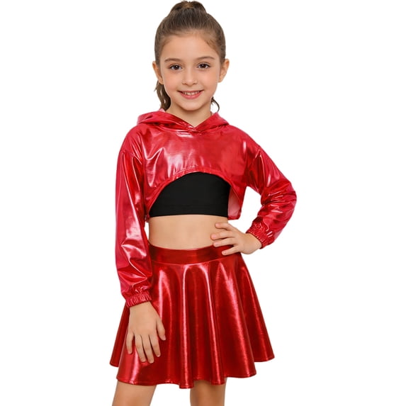 Hansber Kids Girls Hip Hop Dance Outfit Shiny Metallic Cropped Hoodie Sweatshirt Sports Bra and Skirt Set Red Black 10