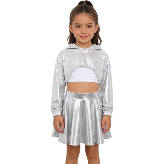 Hansber Kids Girls Hip Hop Dance Outfit Shiny Metallic Cropped Hoodie Sweatshirt Sports Bra and Skirt Set Silver White 12