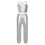 Hansber Kids Girls Hip Hop Dance Outfits Metallic Camisole Crisscross Strappy Back Crop Top and Shiny Pants Silver 8