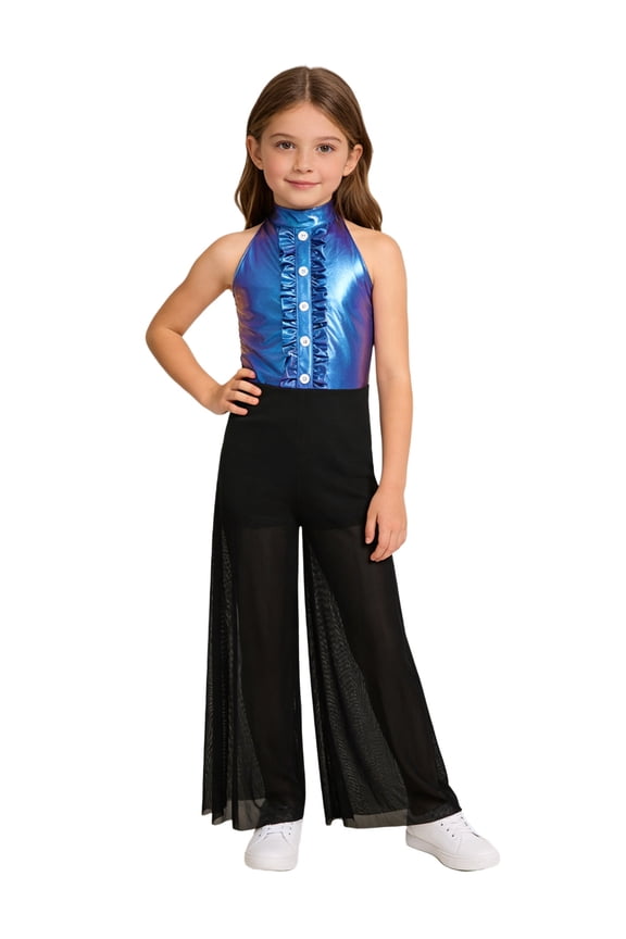 Kids Girls Hip Hop Dance Outfits Retro 70s 80s Rock Disco Jumpsuit Flowy Mesh Overlay Pants Romper Blue 16