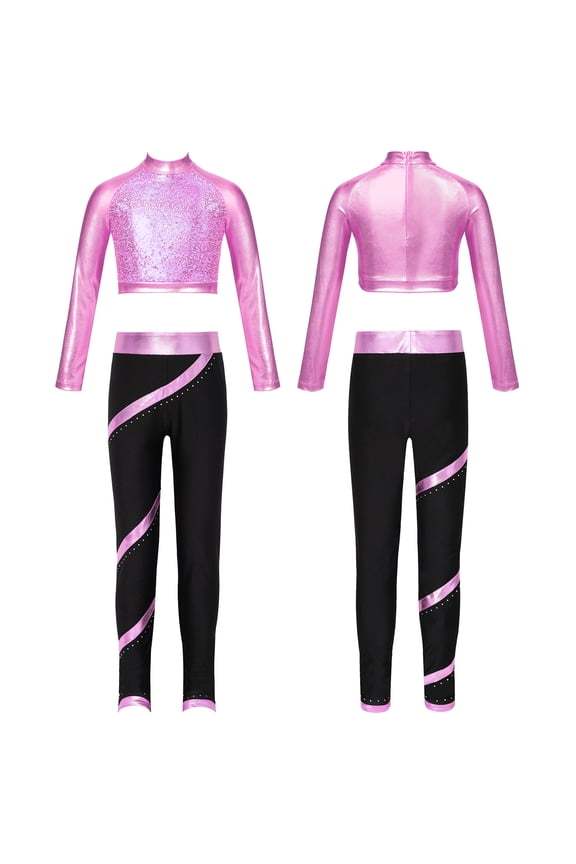 Kids Girls Hip Hop Jazz Dance Outfit Sparkly Sequin Crop Top with Leggings Figure Skating Training Suit Pink 6