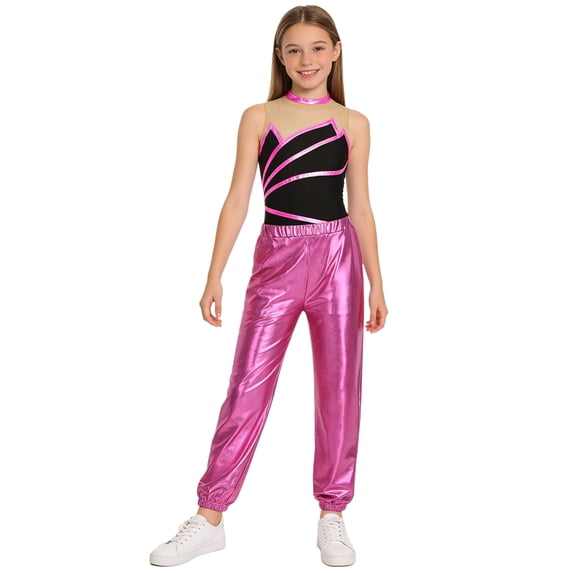 Hansber Kids Girls Hip Hop Jazz Dance Outfits Gymnastics Leotard with Metallic Shiny Jogger Pants Set Hot Pink 14