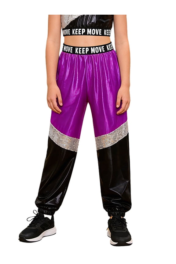 Kids Girls Hip Hop Jazz Dance Pants High Waist Pull On Joggers Color Block Sweatpants Purple 16