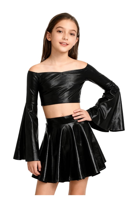 Kids Girls Jazz Dance Outfit 2-Piece Shiny Metallic Long Bell Sleeve Crop Top with Skirt Set Black 16