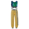 thumbnail image 1 of Hansber Kids Girls Jazz Hip-hop Costume Shiny Sleeveless Crop Top and Pants Set 2 Piece Street Dance Outfits Green&Gold 12, 1 of 5