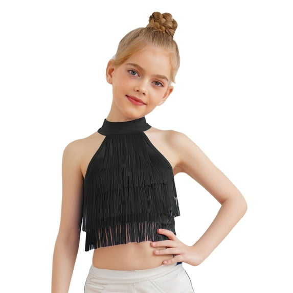 Hansber Kids Girls Latin Dance Tops Sleeveless Halter Mock Neck Fringe Tiered Tassels Crop Tops Dancewear Black 14
