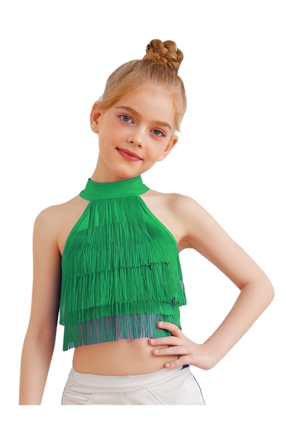 Kids Girls Latin Dance Tops Sleeveless Halter Mock Neck Fringe Tiered Tassels Crop Tops Dancewear Green 6