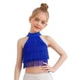 thumbnail image 1 of Hansber Kids Girls Latin Dance Tops Sleeveless Halter Mock Neck Fringe Tiered Tassels Crop Tops Dancewear Royal Blue 8, 1 of 7