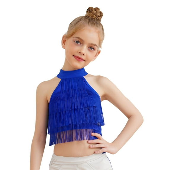 Hansber Kids Girls Latin Dance Tops Sleeveless Halter Mock Neck Fringe Tiered Tassels Crop Tops Dancewear Royal Blue 8