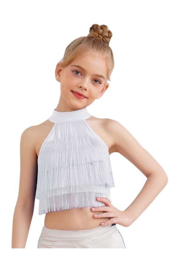 Kids Girls Latin Dance Tops Sleeveless Halter Mock Neck Fringe Tiered Tassels Crop Tops Dancewear White 6