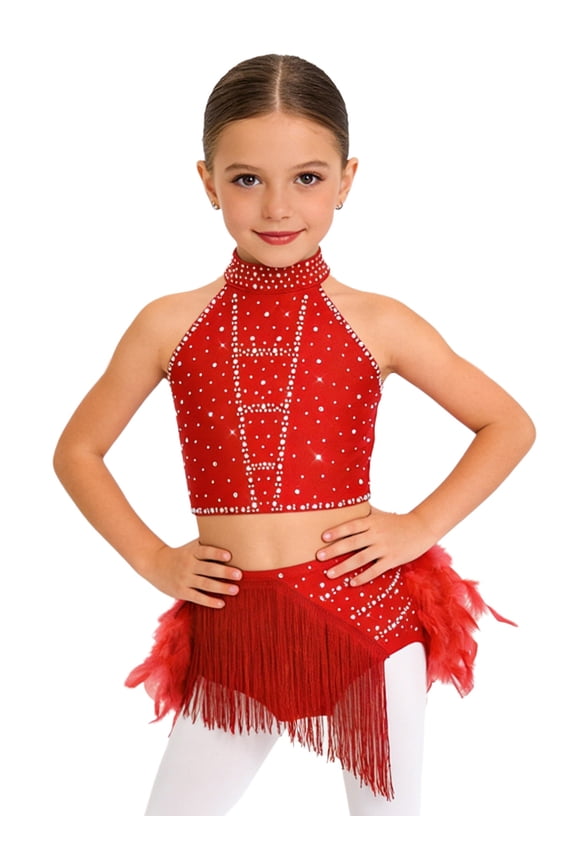 Kids Girls Latin Jazz Dance 2 Piece Outfit Rhinestone Crop Top and Tassel Feather Skirted Briefs Red 16
