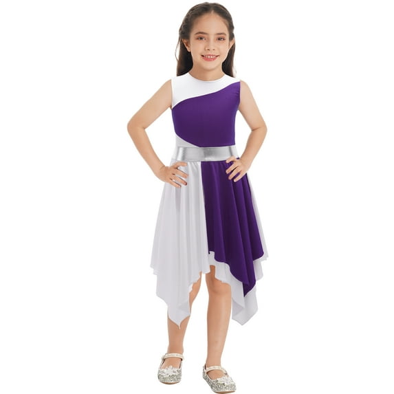 Hansber Kids Girls Liturgical Praise Dance Dress Sleeveless Color Block Worship Celebration Lyrical Purple 6