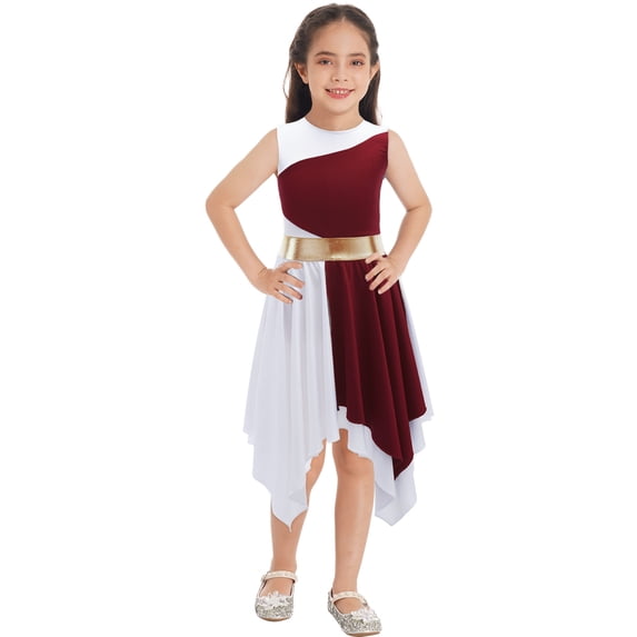 Hansber Kids Girls Liturgical Praise Dance Dress Sleeveless Color Block Worship Celebration Lyrical Red 8
