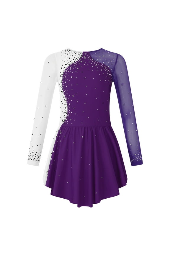 Kids Girls Long Sleeve Figure Ice Skating Dress Ballerina Shiny Diamond Ballet Dance Leotards Purple 6