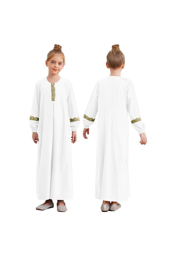 Kids Girls Long Sleeve Muslim Islamic Dress Maxi Prayer Abaya Gown Praise Dance Dress Dancewear White 6