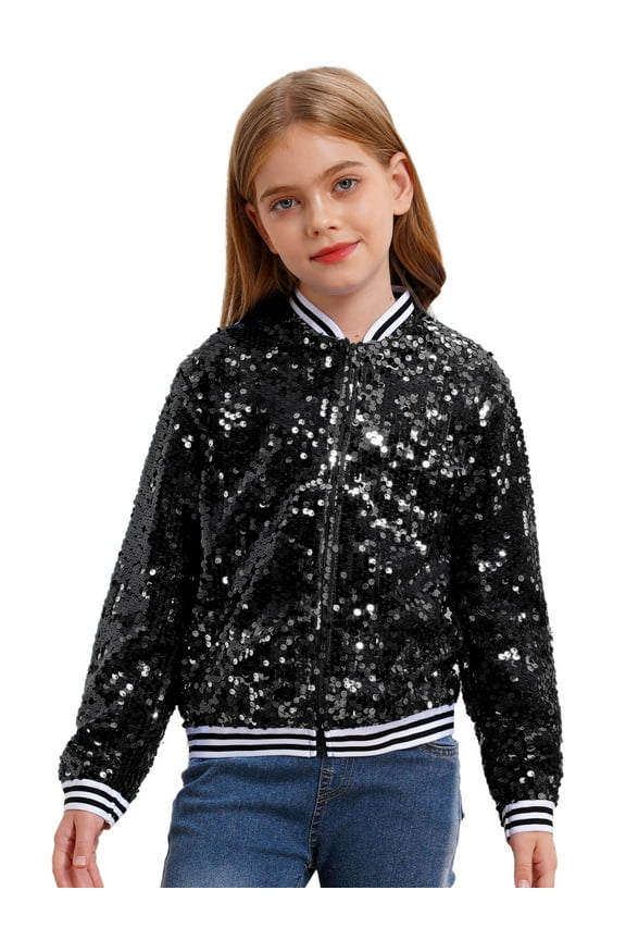 Kids Girls Long Sleeve Sequins Jackets Baseball Coat Sparkly Bomber Jacket Dance Birthday Party Top Black 6