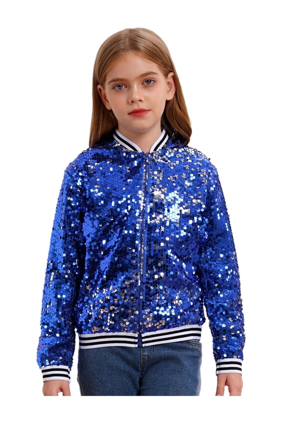 Kids Girls Long Sleeve Sequins Jackets Baseball Coat Sparkly Bomber Jacket Dance Birthday Party Top Royal Blue 6