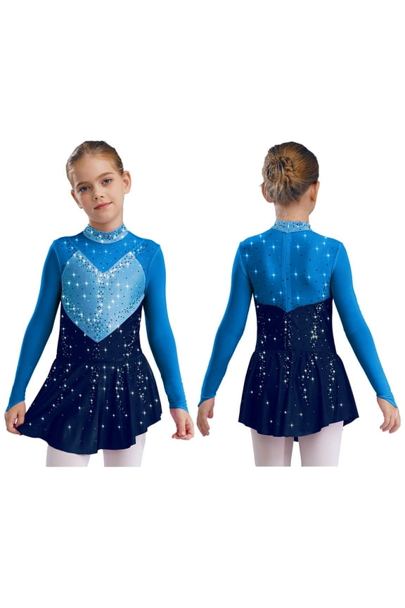 Kids Girls Lyrical Competition Wear Mesh Splice Ballet Dance Outfits Figure Ice Skating Leotard Dress Blue 12