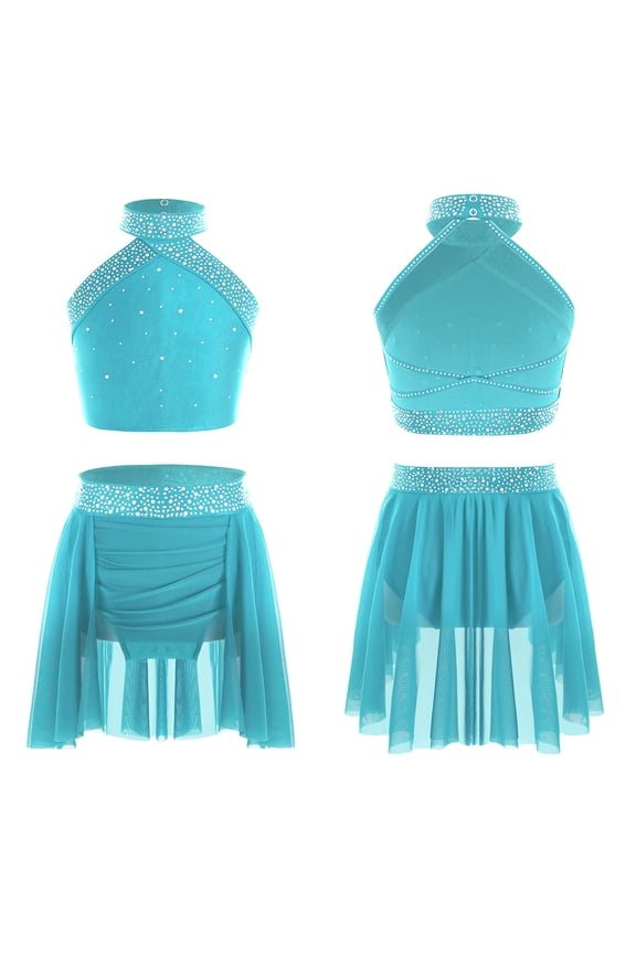 Kids Girls Lyrical Dance Dress Ballet Latin Dancing Outfits Rhinestones Halter Vest Top with Skirt Blue Green 10