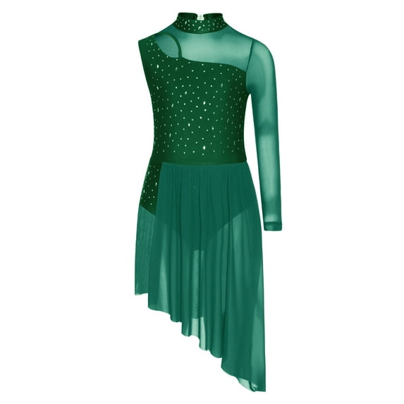 Hansber Kids Girls Lyrical Dance Dress Gymnastics Skirted Leotard Long Sleeve Asymmetrical Modern Dance Dress Green 8