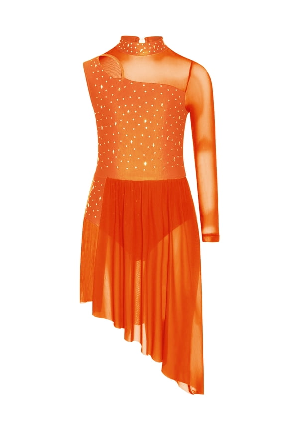 Kids Girls Lyrical Dance Dress Gymnastics Skirted Leotard Long Sleeve Asymmetrical Modern Dance Dress Orange 6