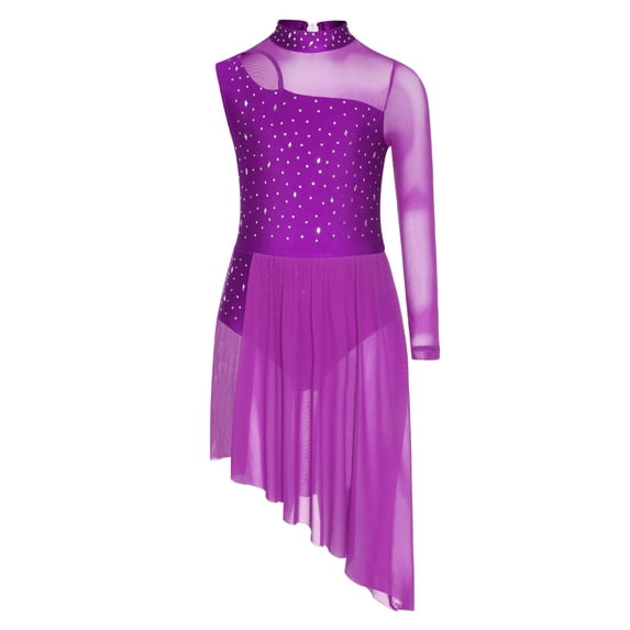 Hansber Kids Girls Lyrical Dance Dress Gymnastics Skirted Leotard Long Sleeve Asymmetrical Modern Dance Dress Purple 10