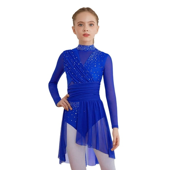 Hansber Kids Girls Lyrical Dance Dress Long Sleeve Sparkle Mesh Cutout Back Ice Figure Skating Leotard Dress Blue 10