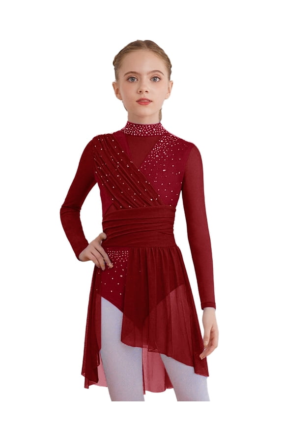 Kids Girls Lyrical Dance Dress Long Sleeve Sparkle Mesh Cutout Back Ice Figure Skating Leotard Dress Burgundy 6