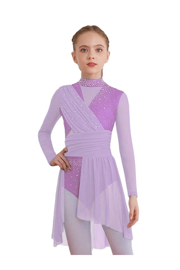 Kids Girls Lyrical Dance Dress Long Sleeve Sparkle Mesh Cutout Back Ice Figure Skating Leotard Dress Lavender 6