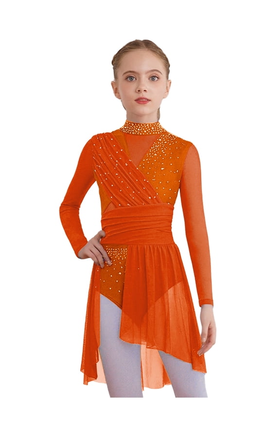 Kids Girls Lyrical Dance Dress Long Sleeve Sparkle Mesh Cutout Back Ice Figure Skating Leotard Dress Orange 10