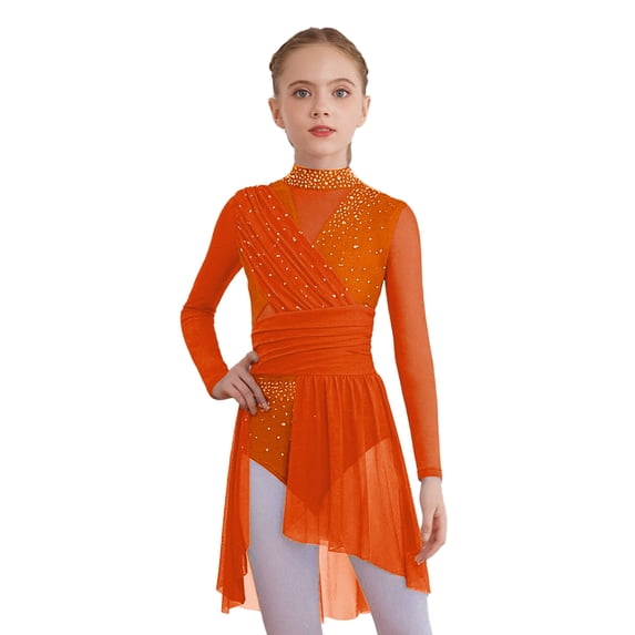 Hansber Kids Girls Lyrical Dance Dress Long Sleeve Sparkle Mesh Cutout Back Ice Figure Skating Leotard Dress Orange 12