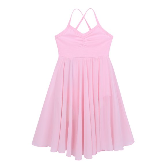 Hansber Kids Girls Lyrical Dance Dress Spaghetti Shoulder Straps Modern Ballet Dance Leotard Dancewear A Pink 7-8