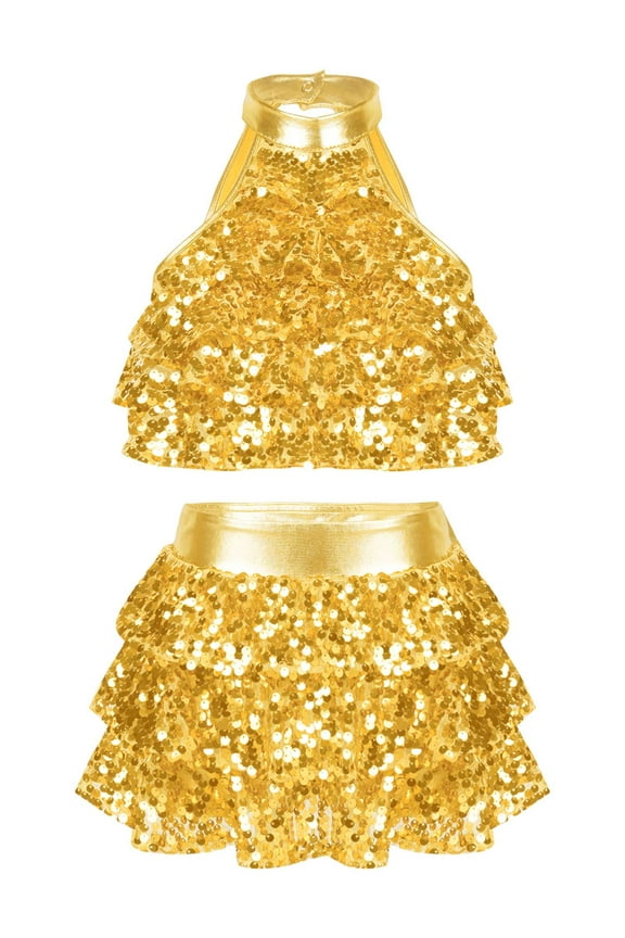 Kids Girls Lyrical Dance Outfits Shiny Sequins Modern Dance Dress Dancewear Latin Jazz Crop Gold 4