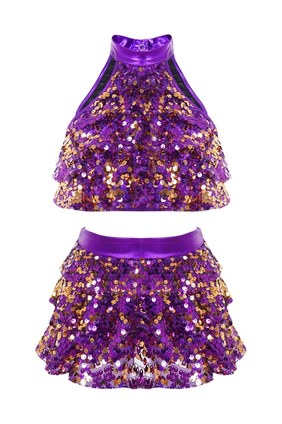 Kids Girls Lyrical Dance Outfits Shiny Sequins Modern Dance Dress Dancewear Latin Jazz Crop Purple 10