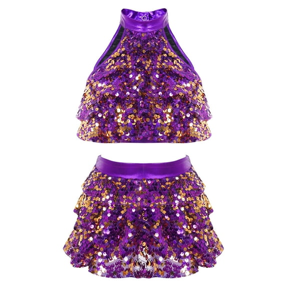 Hansber Kids Girls Lyrical Dance Outfits Shiny Sequins Modern Dance Dress Dancewear Latin Jazz Crop Purple 10