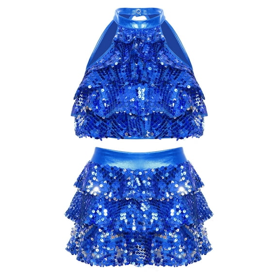 Hansber Kids Girls Lyrical Dance Outfits Shiny Sequins Modern Dance Dress Dancewear Latin Jazz Crop Royal Blue 12