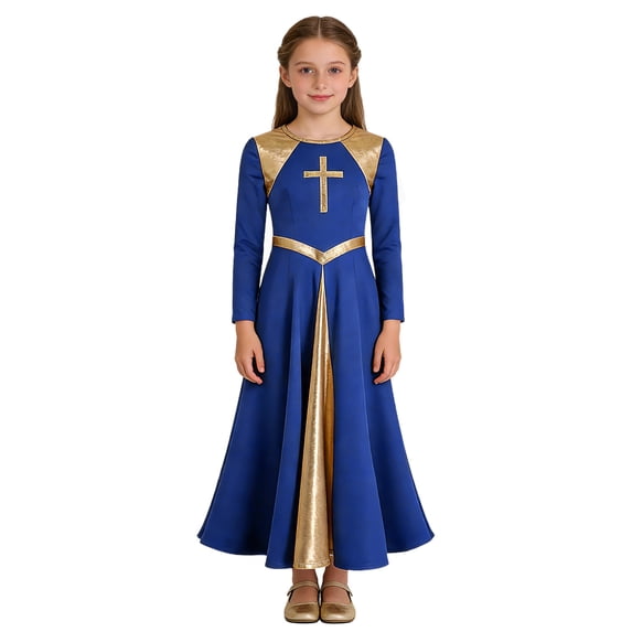 Hansber Kids Girls Lyrical Praise Dance Dress Metallic Color Block Liturgical Worship Full Length Church Robe Royal Blue 10