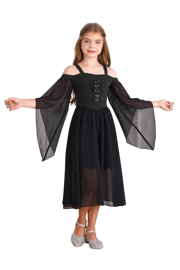 Kids Girls Medieval Princess Renaissance Faire Dress Cold Shoulder Long Sleeve Gothic Witch Dresses Black 8