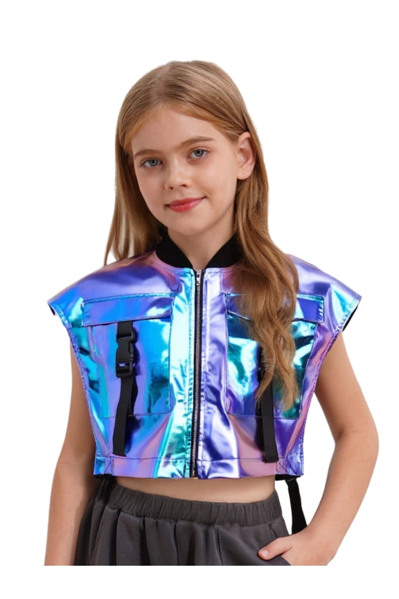 Kids Girls Metallic Dance Vest Sleeveless Zipper Mock Neck Shiny Jacket for Hip-hop Stage Blue 6
