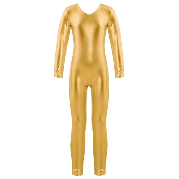 Hansber Kids Girls Metallic Full Length Romper Jumpsuit Ballet Dance Gymnastics Leotard Bodysuit Gold 4