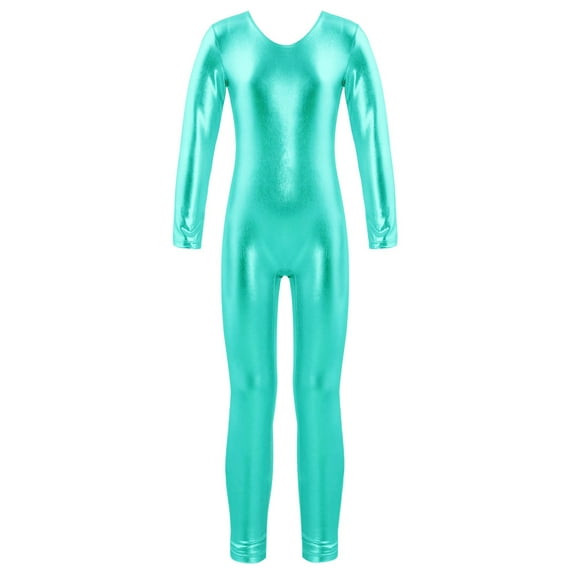 Hansber Kids Girls Metallic Full Length Romper Jumpsuit Ballet Dance Gymnastics Leotard Bodysuit Lake Green 6