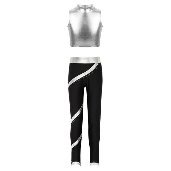 Hansber Kids Girls Metallic Mock Neck Crop Top with Leggings Dance Outfits Sports Gymnastic Workout Silver 6
