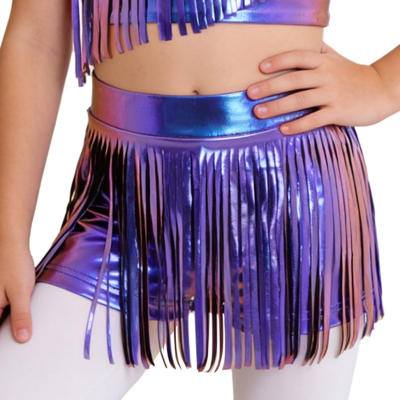 Hansber Kids Girls Metallic Shorts Hip Hop Jazz Dance Performance Cheerleading Tassels Skirts Dancewear Blue 16