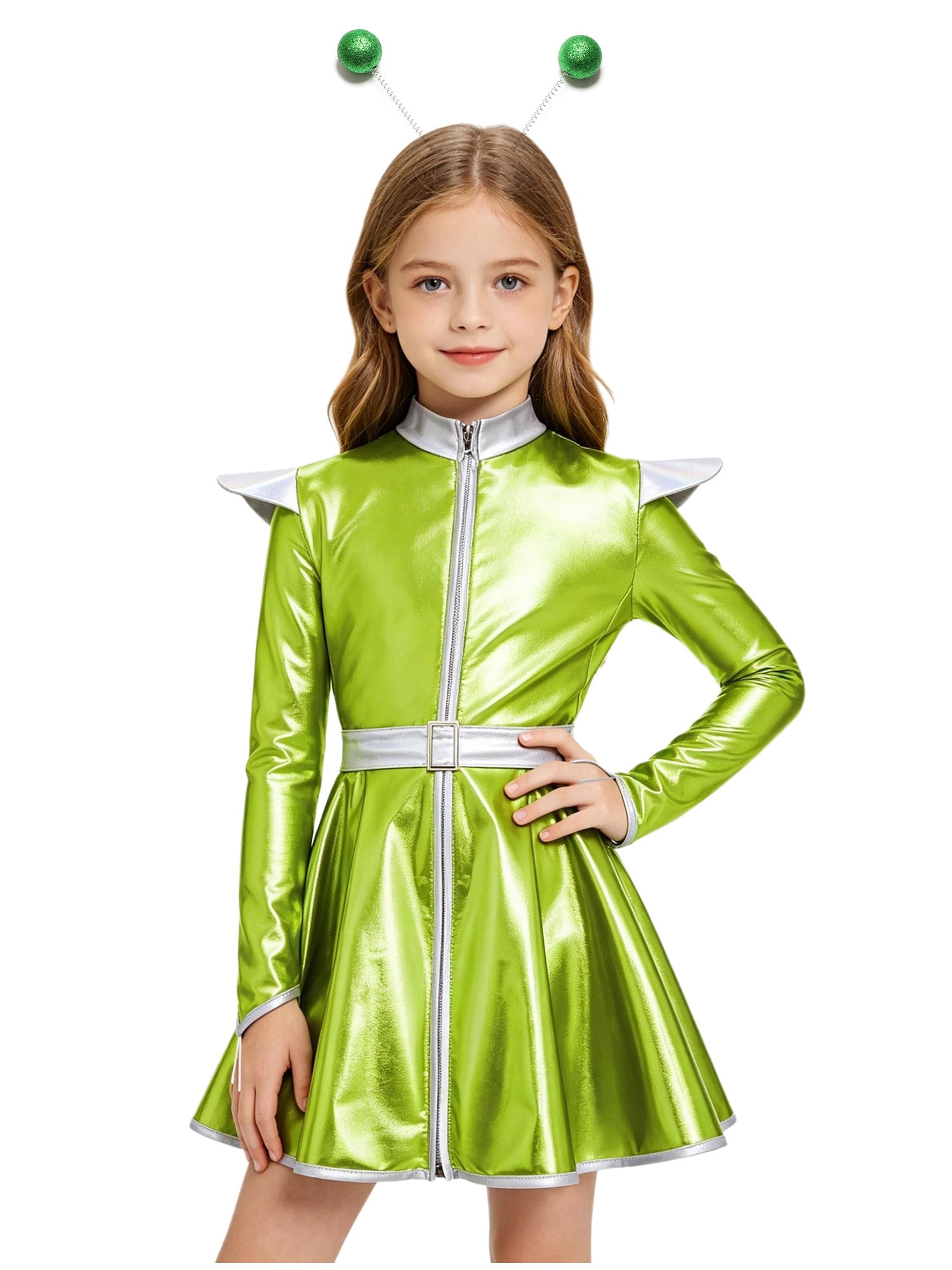 Hansber Kids Girls Metallic Space Alien Fancy Dress with Antenna ...