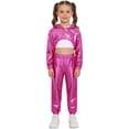 thumbnail image 1 of Hansber Kids Girls Modern Street Hip Hop Jazz Dance Outfits Long Sleeve Metallic Hoodie Crop Top and Pants Set Hot Pink 14, 1 of 7