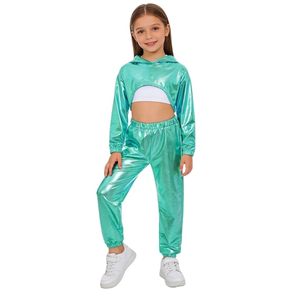 Hansber Kids Girls Modern Street Hip Hop Jazz Dance Outfits Long Sleeve Metallic Hoodie Crop Top and Pants Set Light Green 8