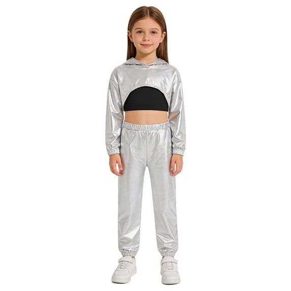 Hansber Kids Girls Modern Street Hip Hop Jazz Dance Outfits Long Sleeve Metallic Hoodie Crop Top and Pants Set Silver Black 10