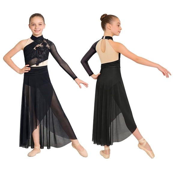 Hansber Kids Girls One Shoulder Long Sleeve Flower Applique Lyrical Ballet Leotard Dress Contemporary Dancewear Black 6