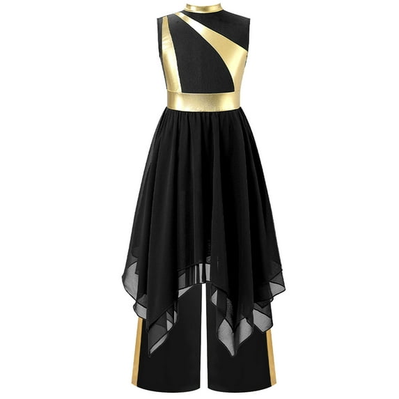 Hansber Kids Girls Praise Dance Outfit Sleeveless Worship Dance Dress with Celebration of Spirit Palazzo Pants Black 10