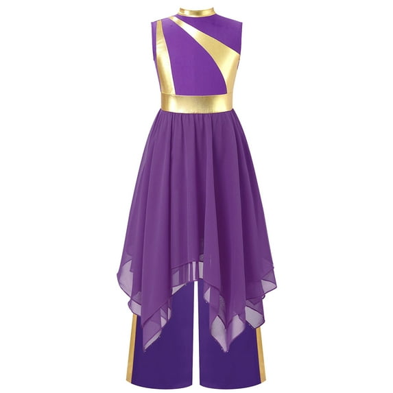 Hansber Kids Girls Praise Dance Outfit Sleeveless Worship Dance Dress with Celebration of Spirit Palazzo Pants Purple 12